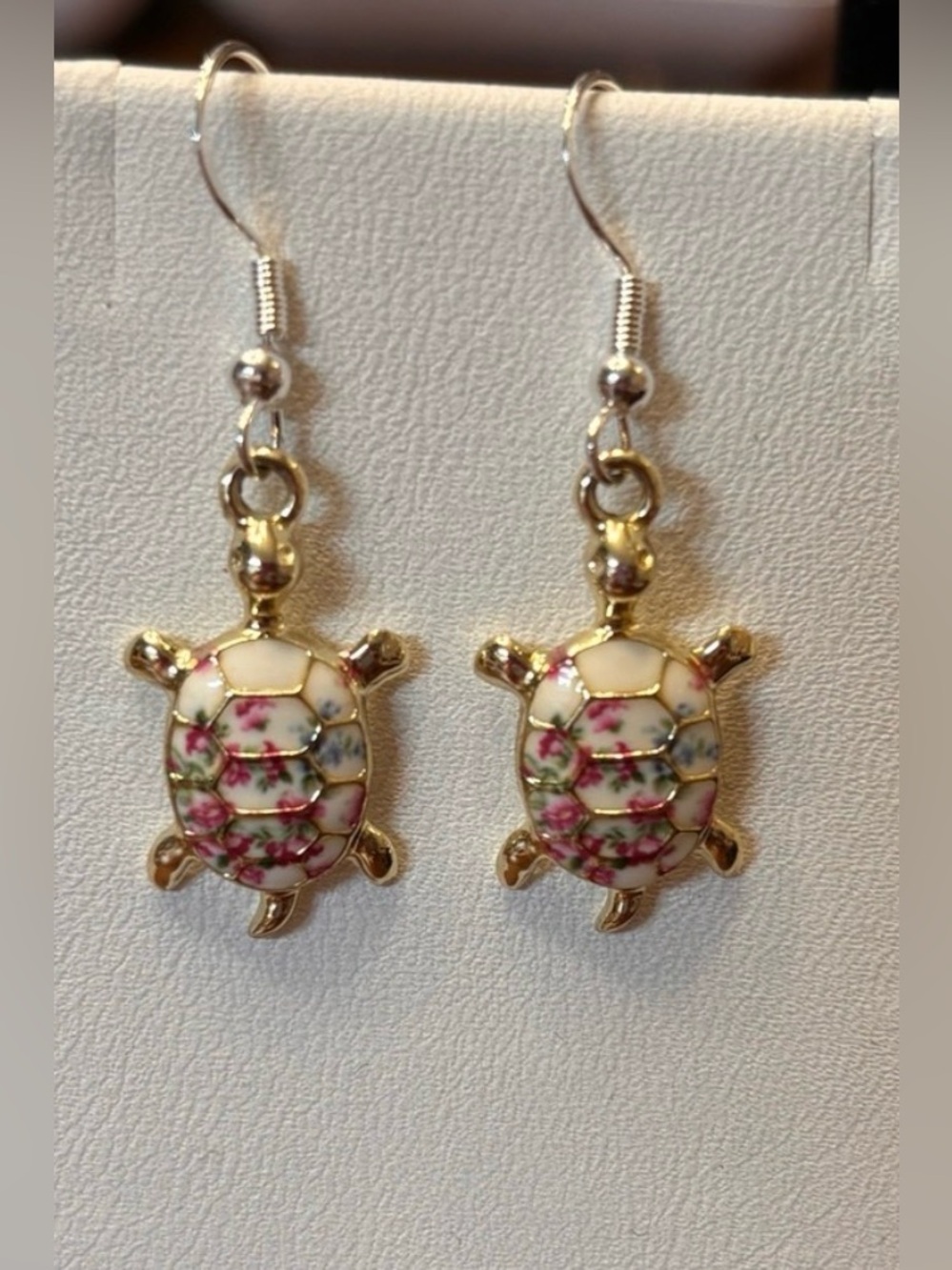 New cute Gold Turtle Drop Earrings with Pink Floral Enamel